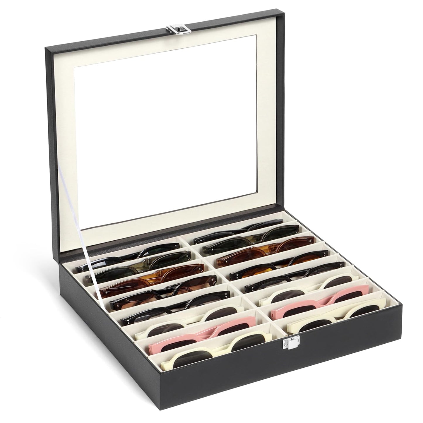 Huvon Sunglasses Organizer Case with Adjustable Slots, Eyeglasses Display with Lid, Eyewear Storage Box for Large Glasses