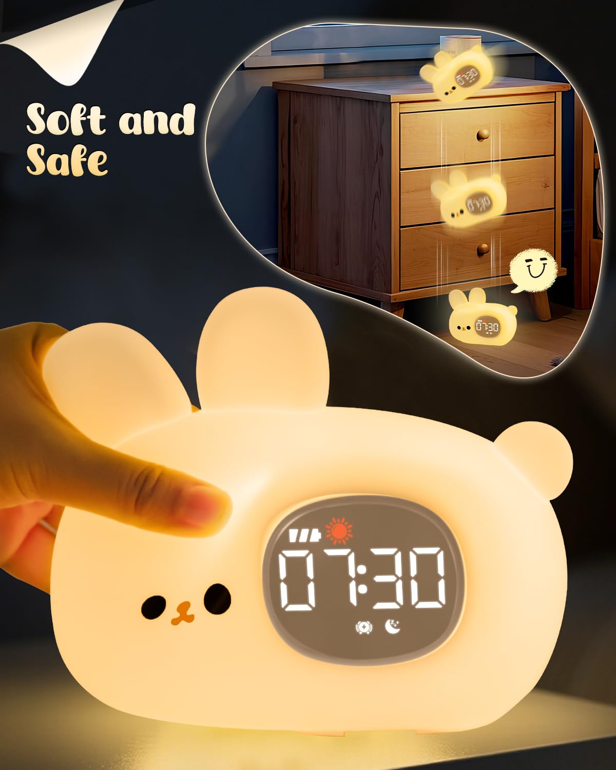 Yiliaw Bunny Alarm Clock for Kids with Night Light, Sleep Training Clock Time to Wake Clock, Rechargeable Silicone Light for Bedroom, Perfect Sleep Companion for Boys Girls