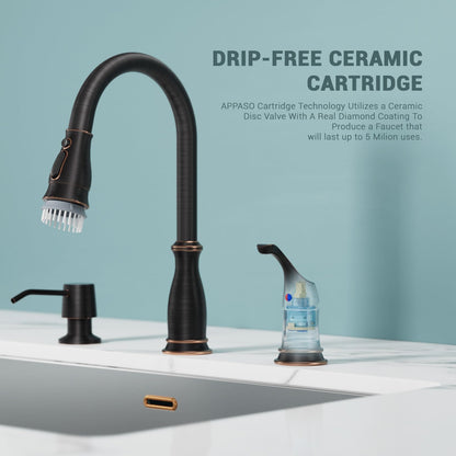 APPASO 3 Hole Kitchen Faucet with Pull Down Sprayer, Kitchen Faucets with Soap Dispenser, 3 Pieces Kitchen Sink Faucet with Separate Handle, Matte Black Kitchen Faucet 3 Hole, 218MB