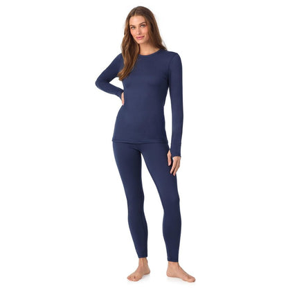 Cuddl Duds Womens Heavyweight Fleece 2 Piece Long Sleeve Thermal Underwear Set – Shirt & Leggings Base Layer for Cold Weather – Winter Clothing Long Johns Lounge Sets for Women, Navy Blue, XS