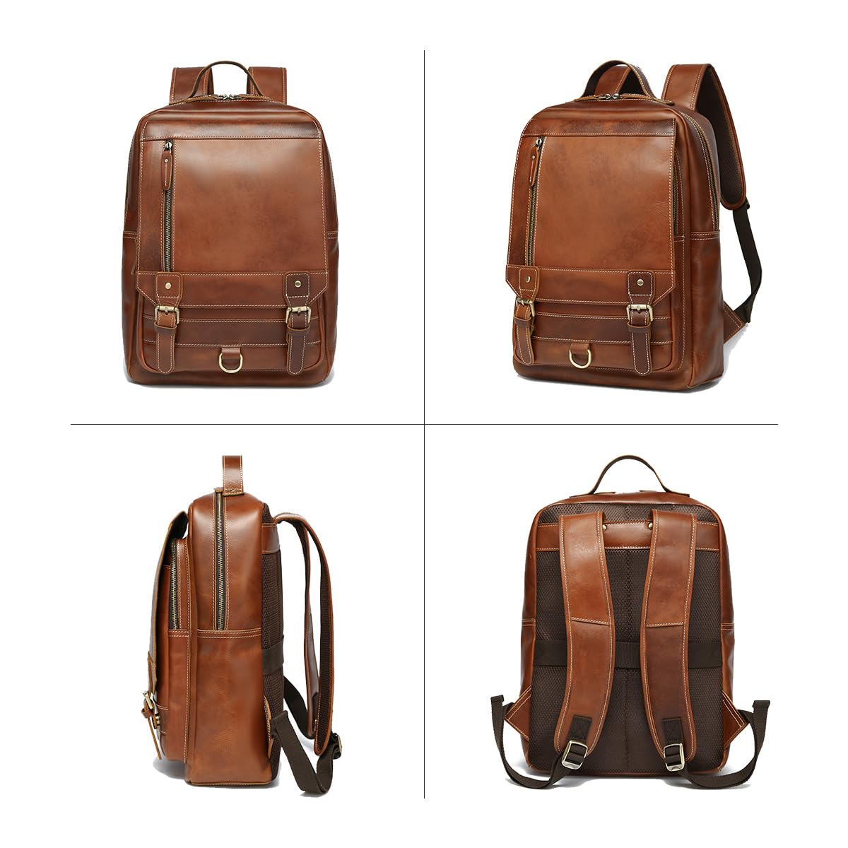 LANNSYNE Vintage Genuine Leather Backpack For Men Fits up to 15" Laptop Travel Hiking Rucksack
