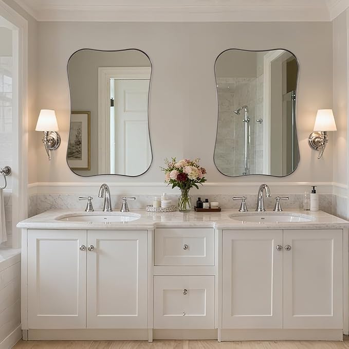 ANDY STAR Chrome Mirrors, Contempoary 24x36 Inch Scalloped Asymmetrical Bathroom Mirrors with Notched Edges in 1 Inch Stainless Steel Frame Wall Mounted Horizontal/Vertical for Home Decor