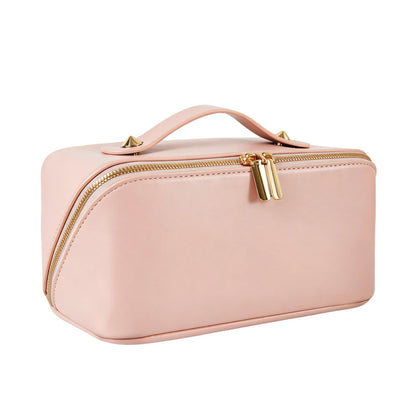 IDELCHOIS Travel Makeup Bag Large Capacity Cosmetic Bags for Women, Waterproof Toiletry Bag Open Flat Makeup Bag with Compartments and Handle, Portable Cosmetic Organizer Pouch, Pink