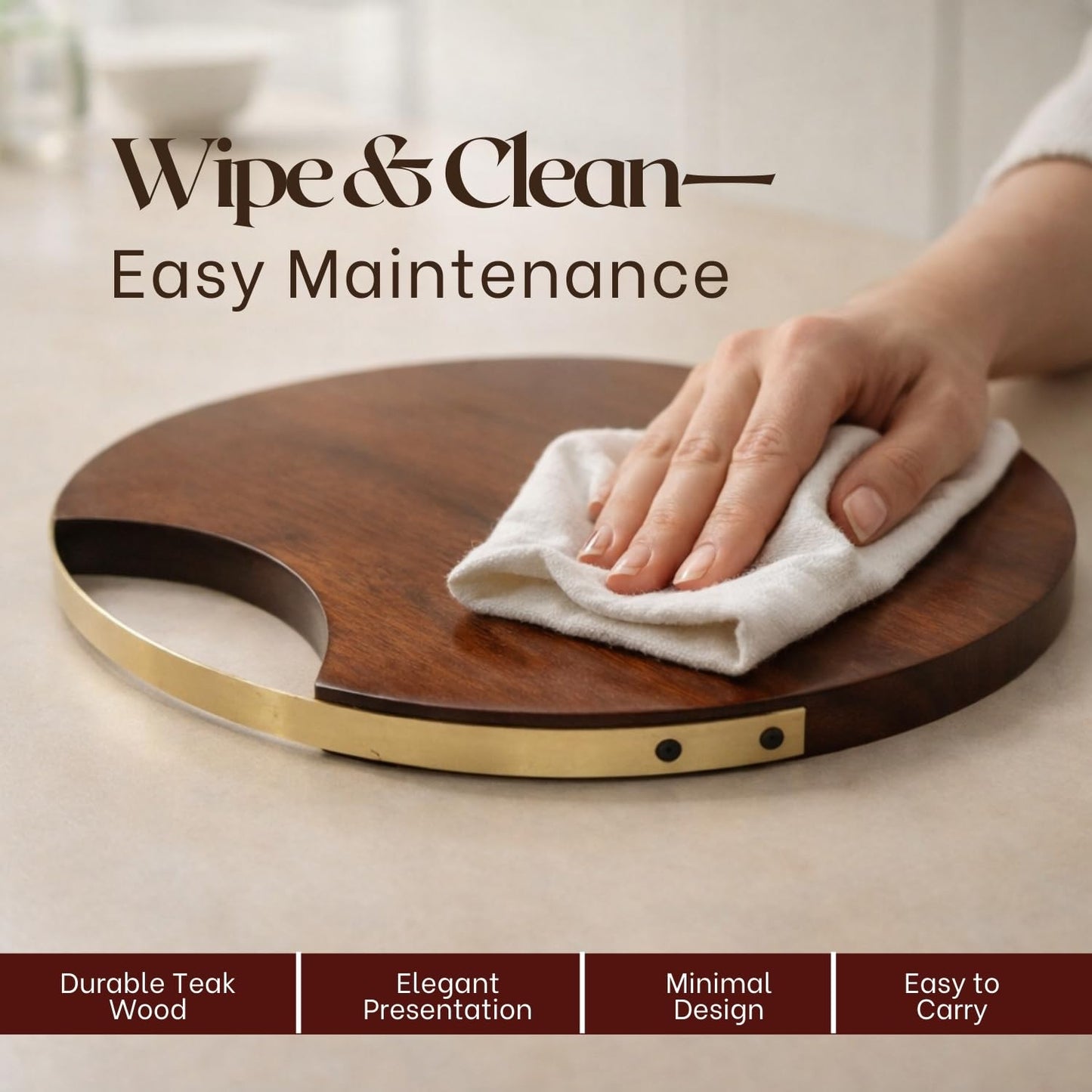 nestroots Round Wood Tray, Teak Wooden Serving Tray with Handle, 14" Serving Platter, Appetizer Charcuterie Board, Organizer Tray for Kitchen/Countertop