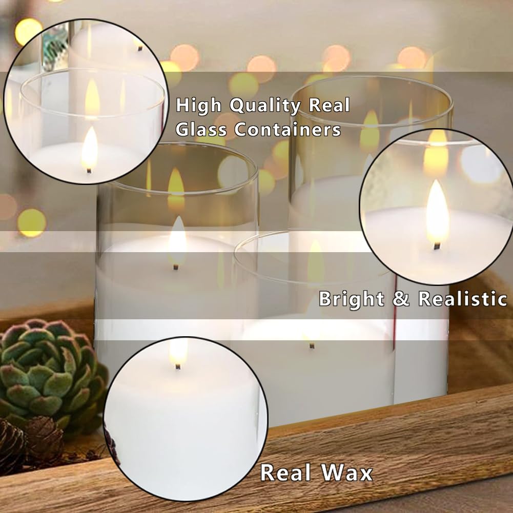 CANDLE CHOICE Real Wax Battery Operated Flameless Pillar Candles with Remote Timer Clear Glass Shell Realistic Black Wick Flickering Electric LED Lights Wedding Halloween Christmas Decorations 3 Pack