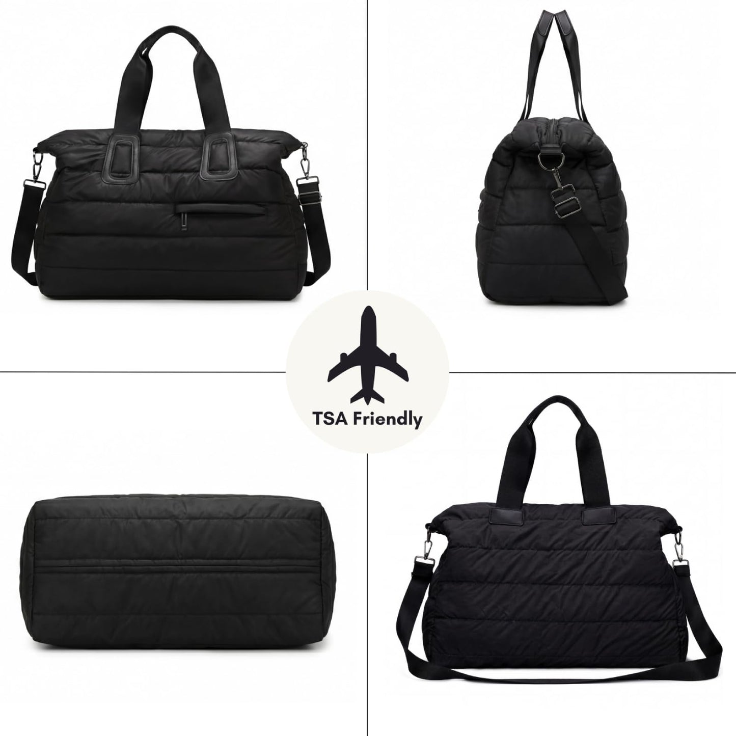 Puffer Weekender Bag for Women, Quilted Duffle Bag with Pouch, Water-Resistant Gym Bag, Large Tote Travel Bag for Hospital Nurse Diaper Bag, Lightweight Carry on Bag, Black
