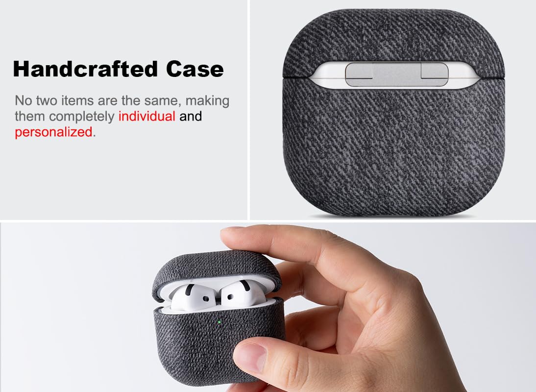 Haobobro Handmade Case - for AirPods 4 Case Cover - Selected Skin-Friendly Vegan Leather, Woolen Fabric Cloth Style, Drop Protective Hard Cover for AirPods 4th Generation Earbuds - Black