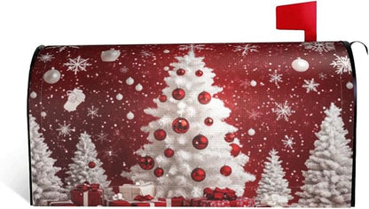 Festive Magnetic Mailbox Cover Red Christmas Tree Pattern Outdoor Mailbox Protector Holiday Seasonal Decorative Garden Yard Home Standard Size 21 x 18 Inch