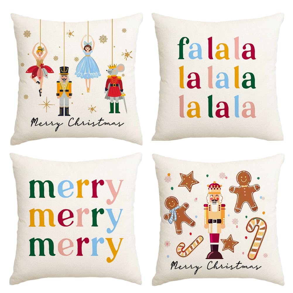 Christmas Pillow Covers 18x18 Inch Set of 4 Nutcracker Christmas Decorations Gold Gingerbread Merry Christmas Throw Pillow Cases Xmas Outdoor Winter Decor Decorative Pillows for Couch Holiday Party