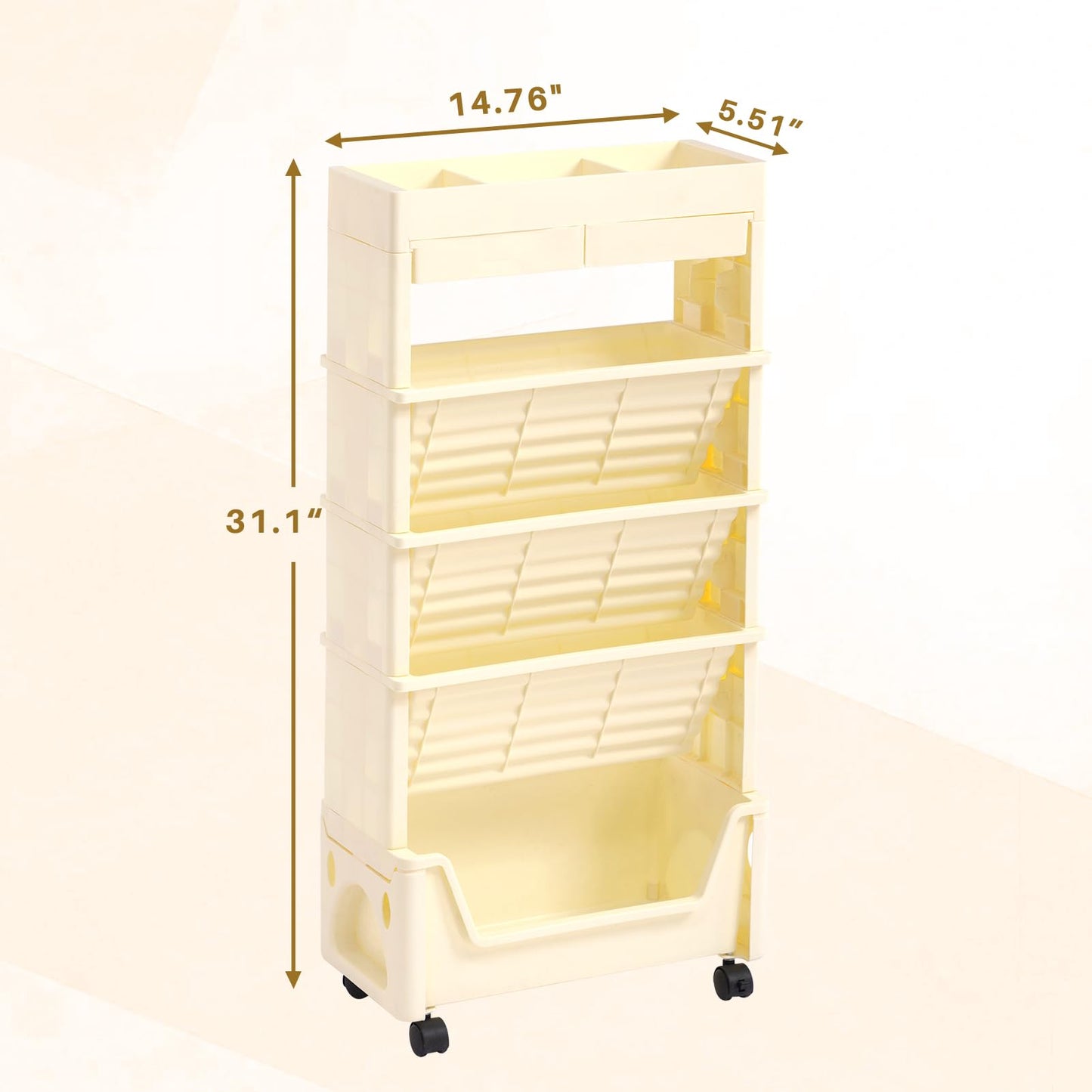 AGTEK 5 Tier Rolling Utility Cart, Book Cart with Wheels, Office Book Carts with Divided Top Shelf for Organizing Books and Supplies in Home, Office, Classroom, Beige