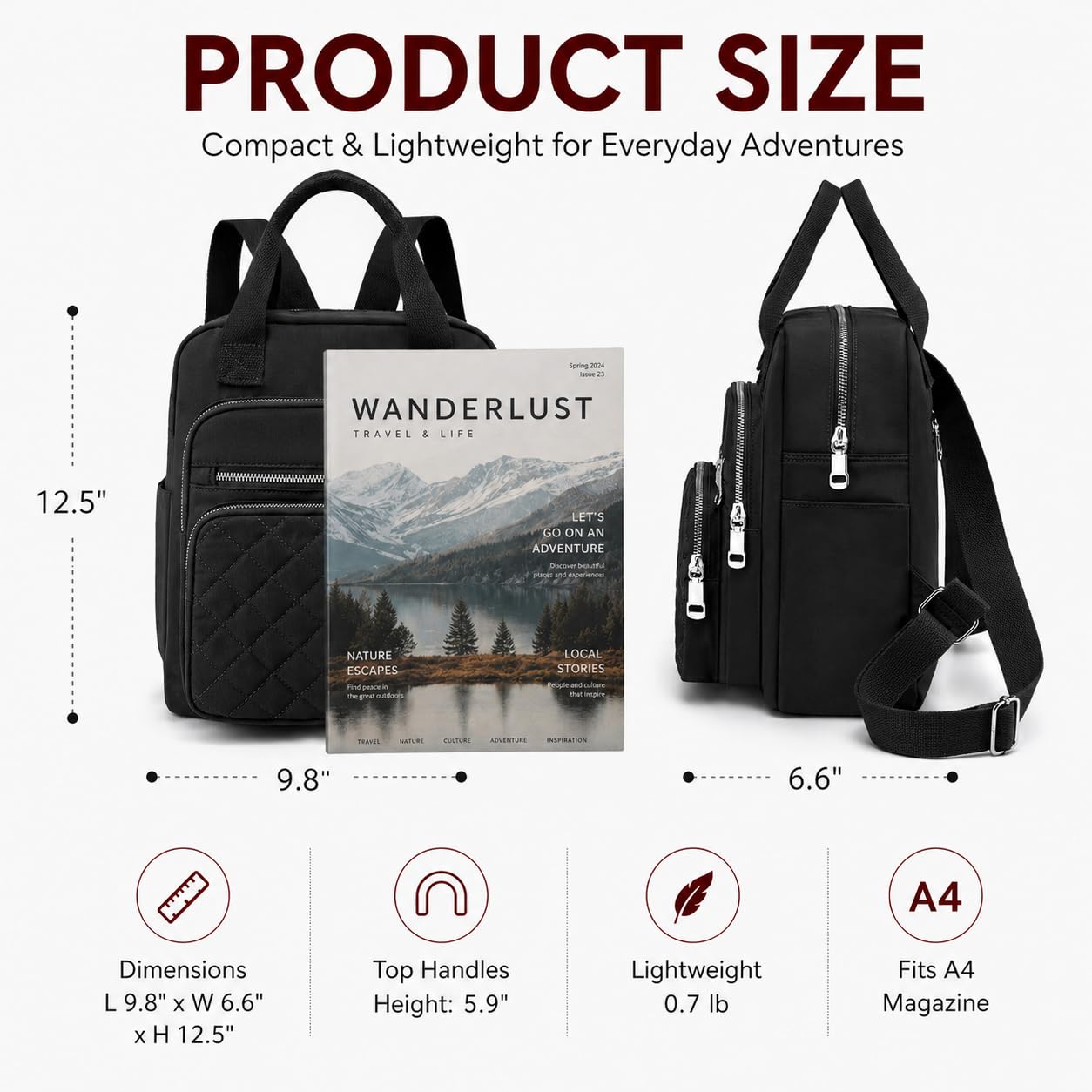 SULCET Small Backpack for Women Casual Quilted Square Bag Waterproof Multi Pockets Daypack Lightweight Top Handle Satchel