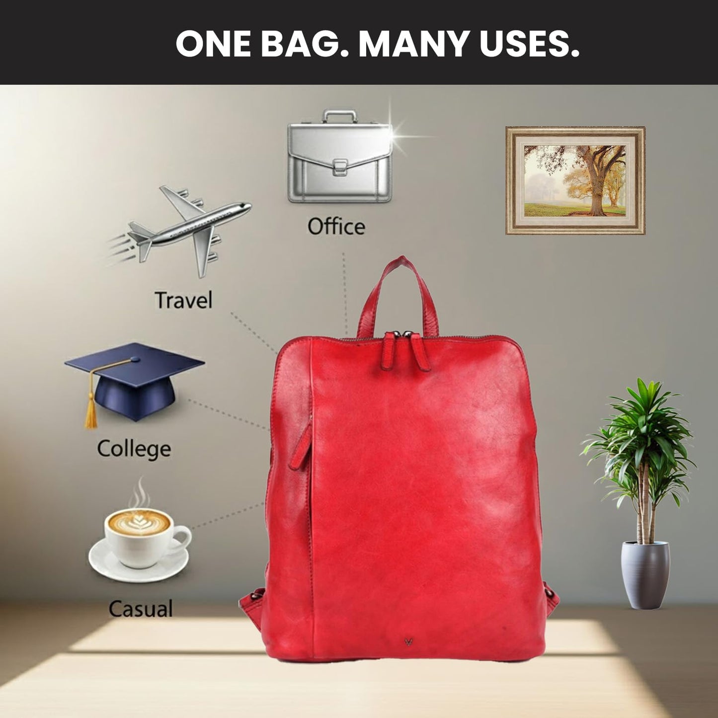 VILENCA HOLLAND 12.5 Inch Genuine Leather Backpack for Women and Men, Red Leather Backpack with Adjustable Shoulder Strap