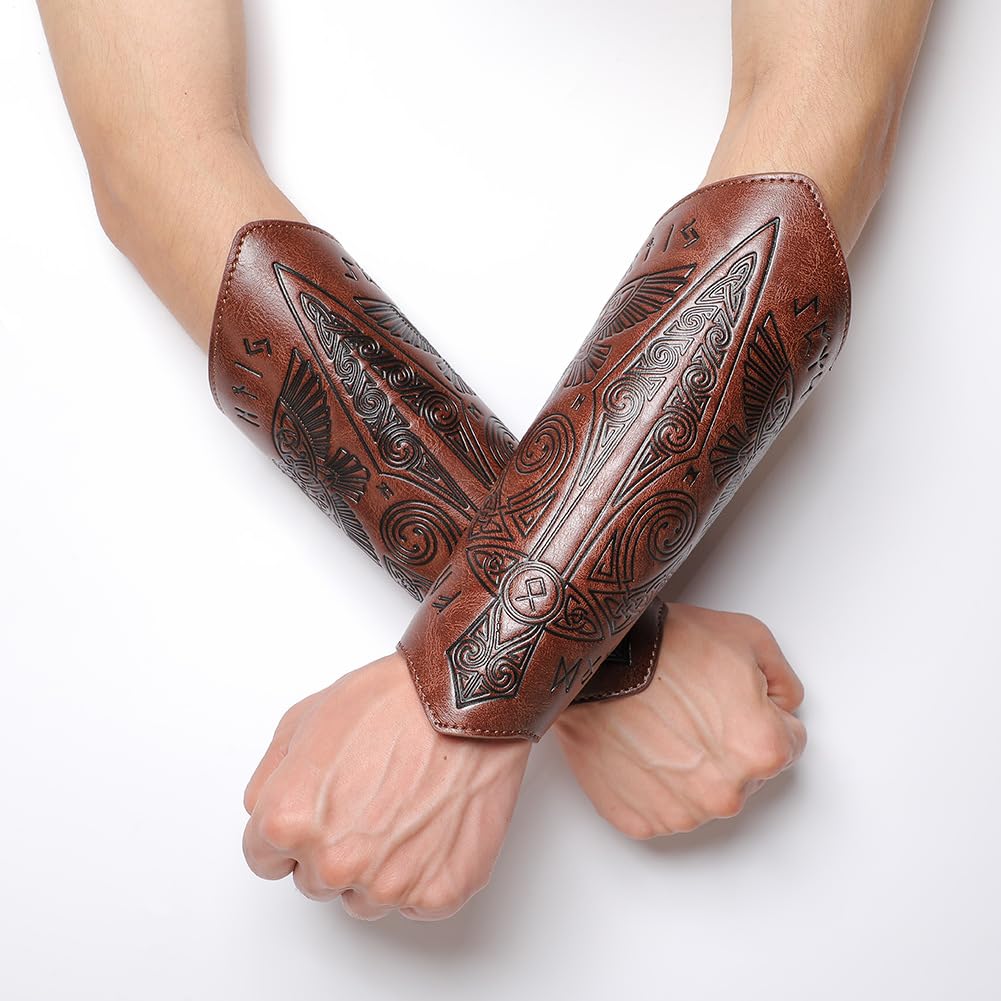 Medieval Leather Bracers for Men Embossed Sword Viking Leather Bracers Leather Arm Armer Archery Arm Guard Wristband Gauntlet Costumes Accessories 1 Pair