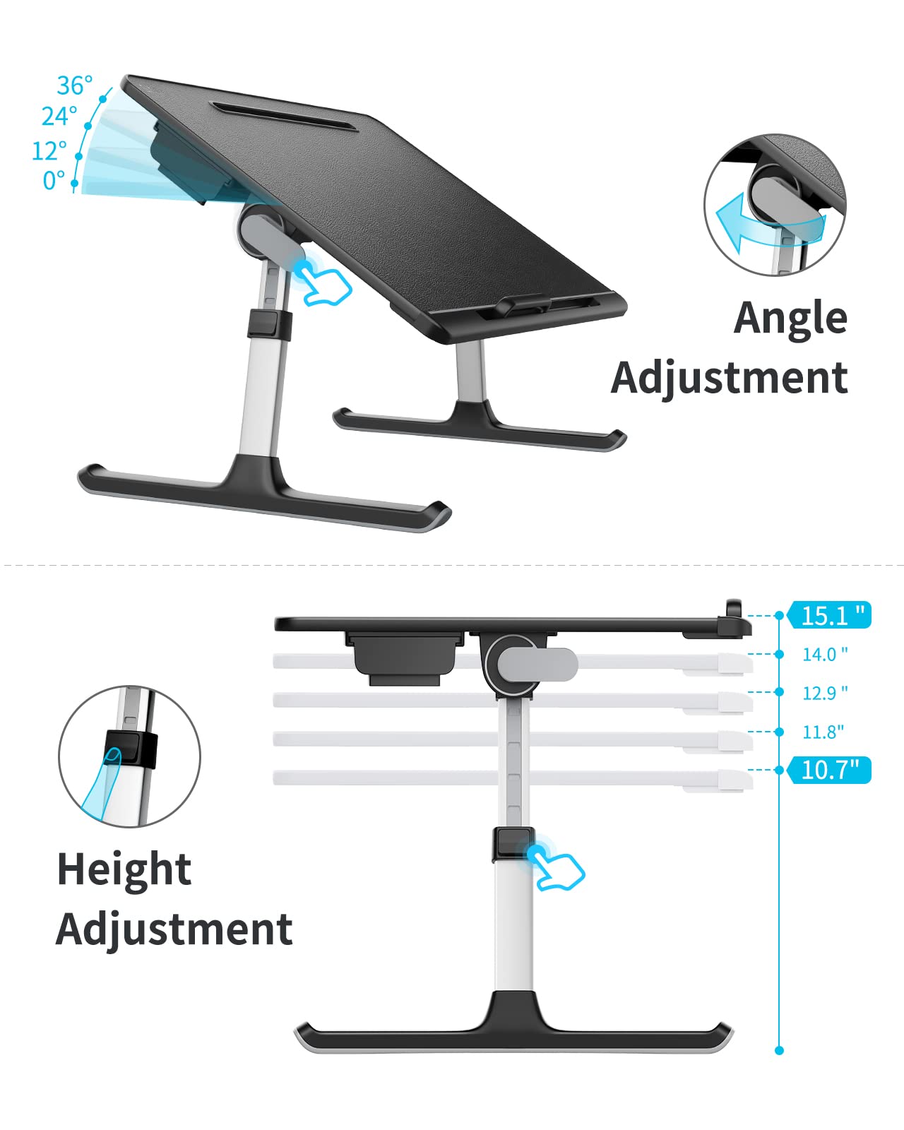 Laptop Bed Tray Desk, SAIJI X-Large Adjustable Laptop Table, Foldable Laptop Desk with Storage Drawer and Bookstand for Eating, Working, Writing, Gaming, Drawing (Black)