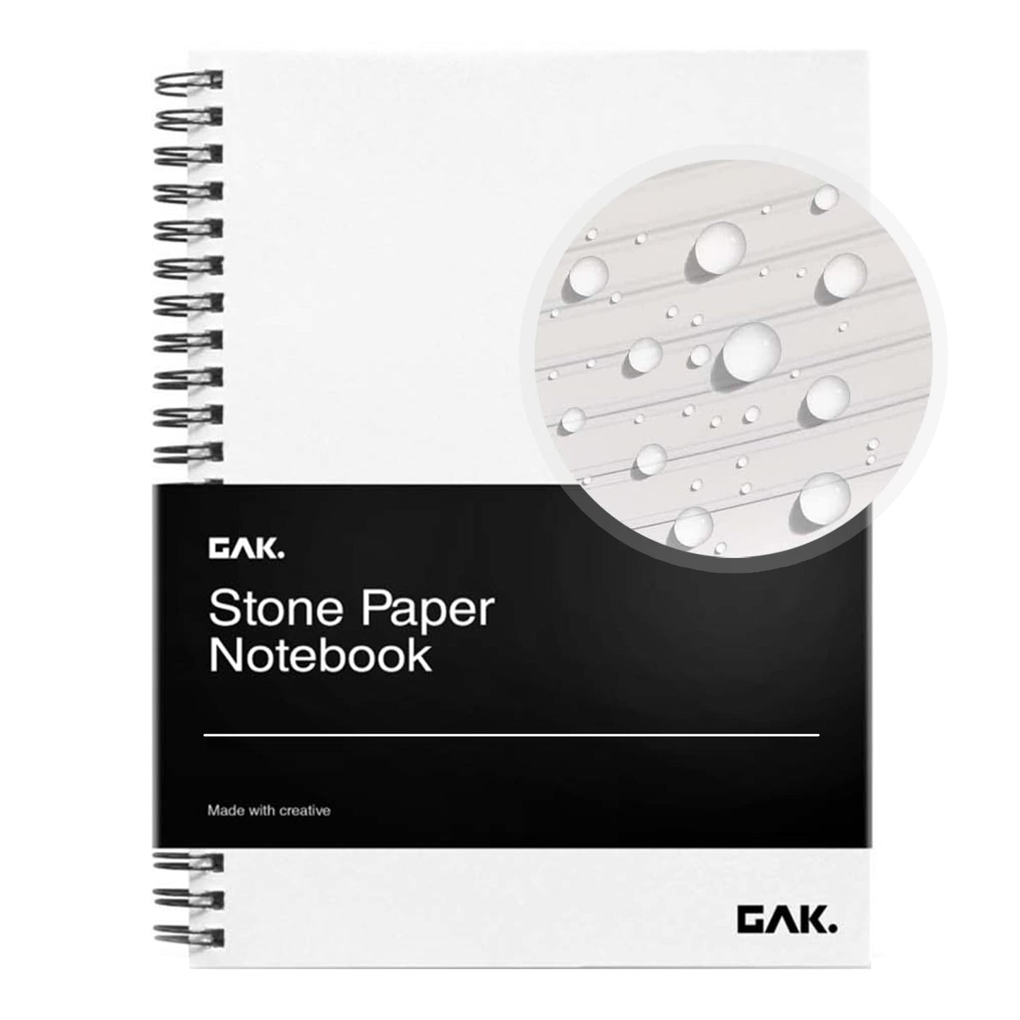 GAK. Stone Paper Waterproof Spiral Notebook, 7.20”x10.11”, 50 sheets, Durable Notebook, Eco-Friendly Mineral Stone Paper Notebook, Waterproof Notepad, Ruled, White