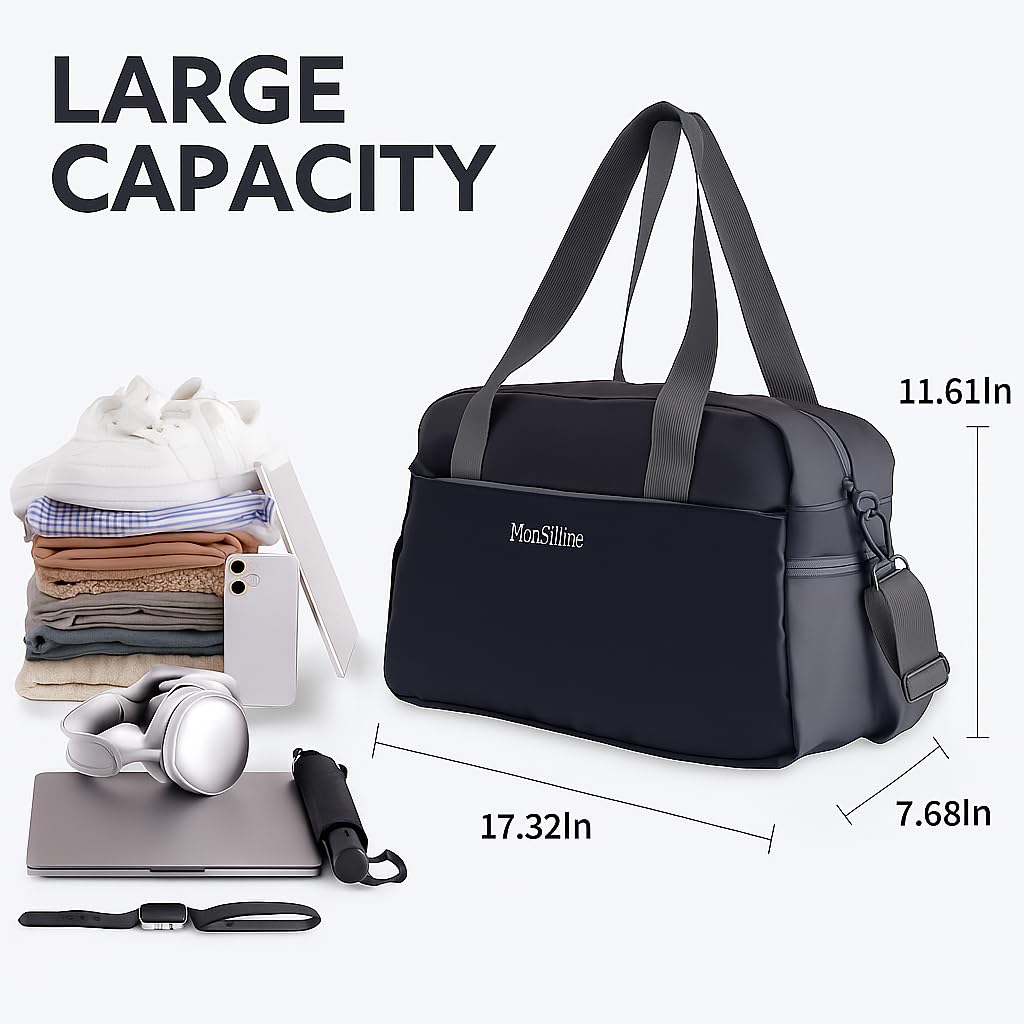MonSiiLine Gym Bag for Women Men with Shoe Compartment, Waterproof Small Duffle Bag for Travel, Sports, Weekend Lightweight Carry on Tote Bag, Black, 27L