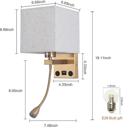 Wall Sconces, Hardwired Wall Lamp with USB Port White Fabric Shade Bedside Wall Lights with Reading Lamp for Bedroom Living Room Hotels and Office (Gold)