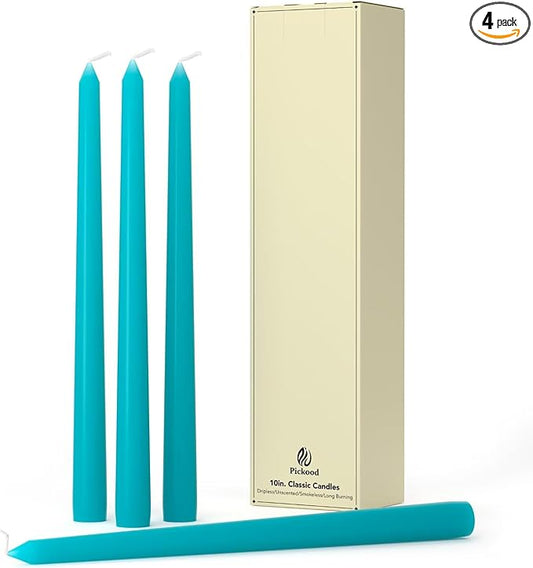 10-Inch Tall Dripless Taper Candles Set of 4 - Turquoise Tapered Candles, Perfect for Spring - Smokeless, Unscented, Long Burning - Hand Poured, Colored Tall Candlesticks - Teal