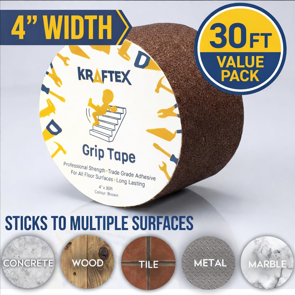 Kraftex Grip Tape [4" x 30ft, Brown] Anti Slip Tape for Stair Runners, Wooden Steps, Stair Nosing, Indoor Stairs, Outdoor Stair Treads, Skateboard