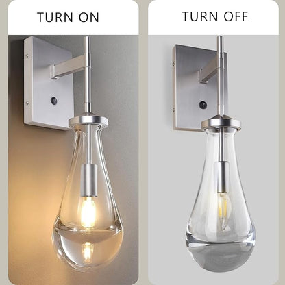 HuisMier Brushed Nickel Wall Sconce, Raindrop Wall Sconces with On Off Switch Button, Modern Clear Glass Wall Light Fixture Vanity Wall Lamp for Bathroom Bedroom Living Room Hallway
