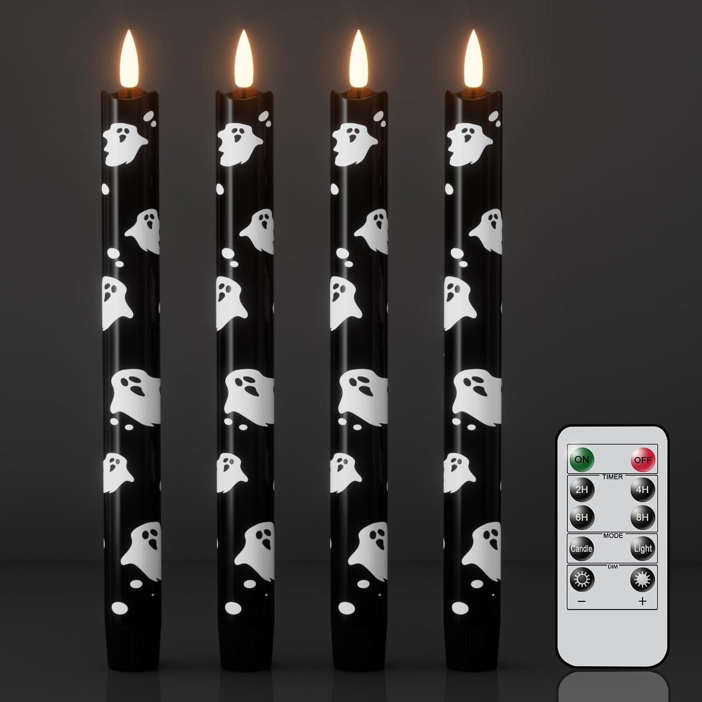 Wondise Black Halloween Flameless Taper Candles with Remote & Timer, Halloween Battery Operated Ghost Candles Waxy with 3D Wick Flickering for Halloween Decorations