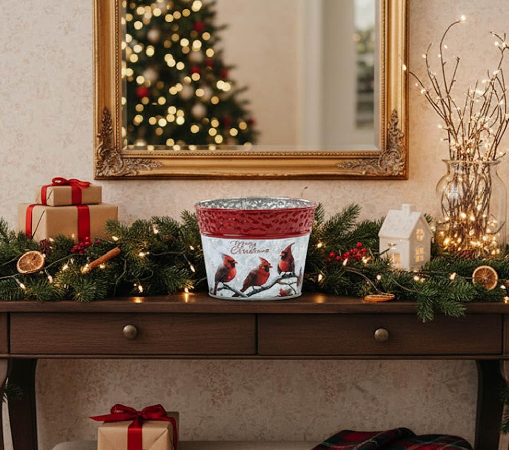 Napco 5 inch Rustic Metal Merry Christmas Cardinals Pot Cover with Indented Red Rim Festive Christmas & Holiday Decor