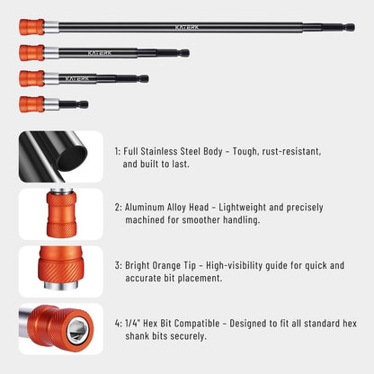 Katerk Drill Bit Extension Set, 4 Pcs Magnetic Bit Holder, 1/4 Inch Hex Drill Bit Extender for Impact Driver - Enhanced Stability, Professional Grade (12", 6", 4", 2 3/8")