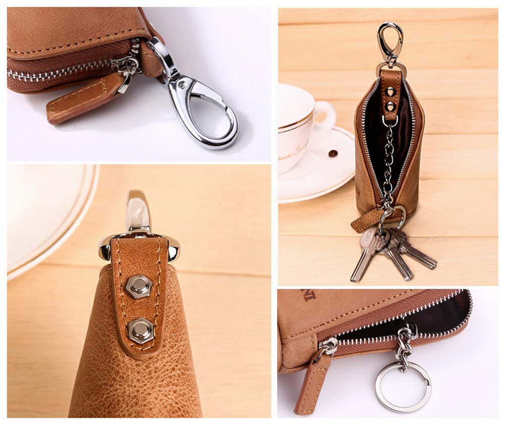 Bird&Fish Keychain Wallet for Women and Men, Genuine Leather Coin Purse with Key Ring, Multi Soft iris wallet, Small Zipper Change Pouch, Mini Key Pouch for Car Keys Accessory(Chestnut Brown)