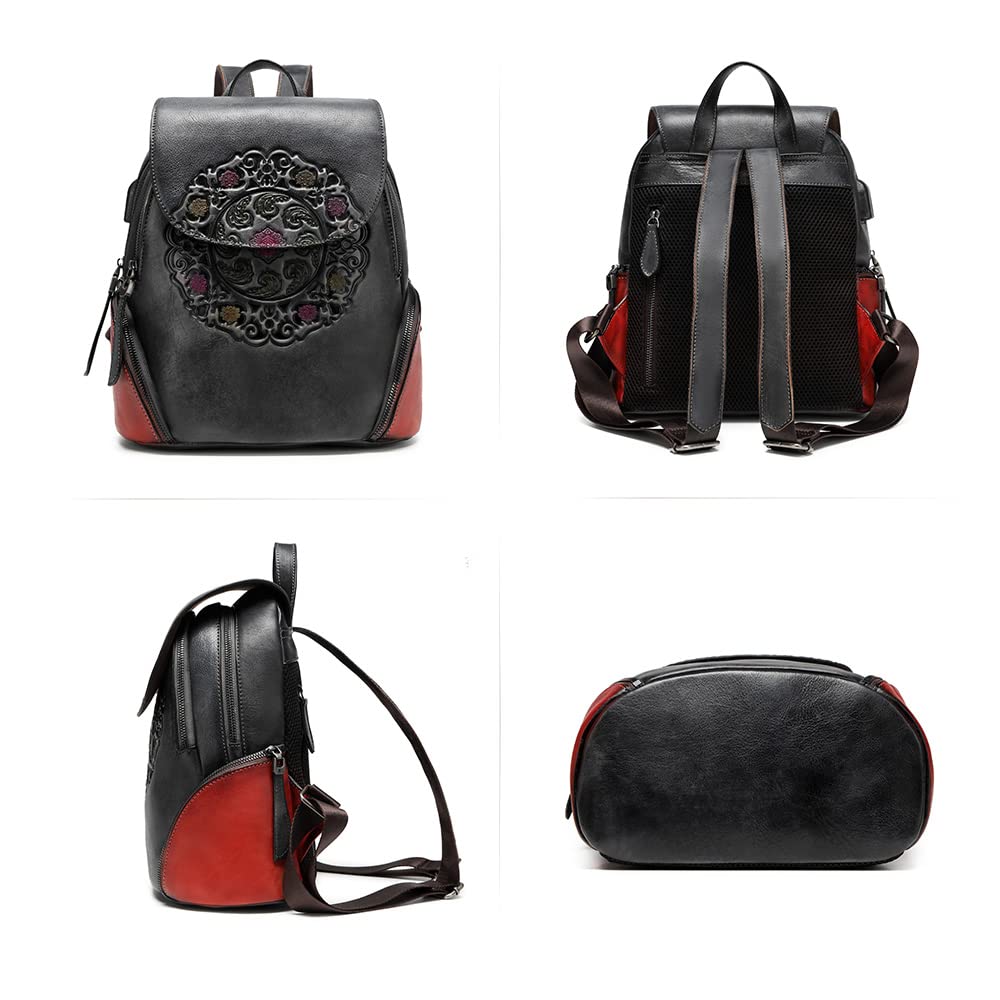 Leather Backpack for Women Organizer Retro Vegetable Tanning leather bag Vintage Embossing Totem (black)