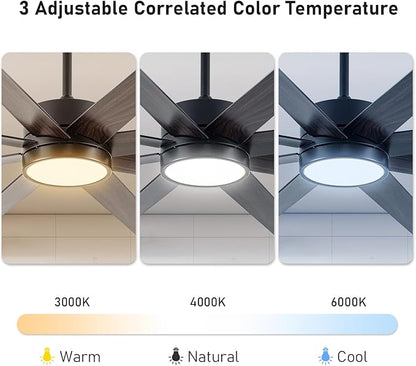Ceiling Fan with Light, 60 inch Modern Ceiling Fan with Remote Control, Reversible DC Motor, Stepless Dimmable, Noiseless for Indoor Use, Black & Brown