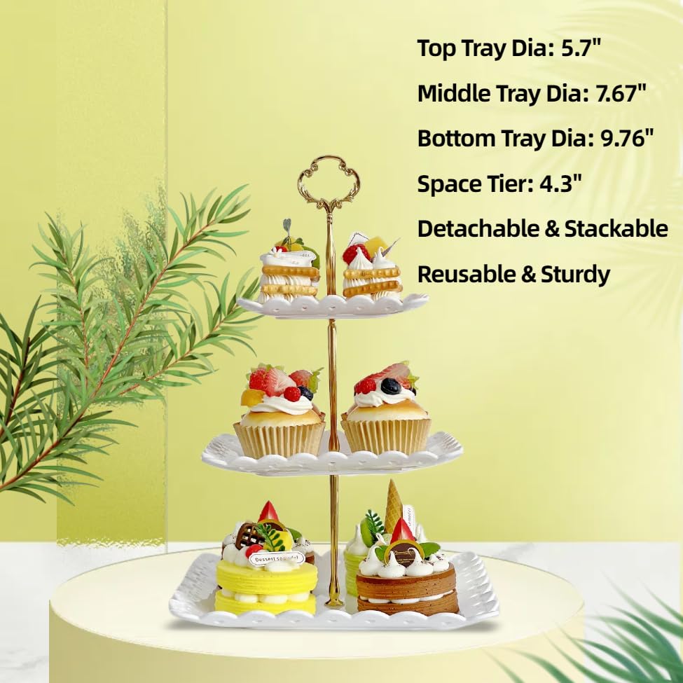 RAUVOLFIA 2 Pack of Plastic Round & Square Dessert Cupcake Stand, 3 Tier Cup Cake Holder Tower for Tea Party/Birthday/Wedding, Plastic Tiered Serving Tray (White)