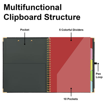 Clipboard with Storage Folio 10 Pockets 5 Tab Dividers Folder Labels Notepad Spiral Black Sparkly Clipboards for School Office