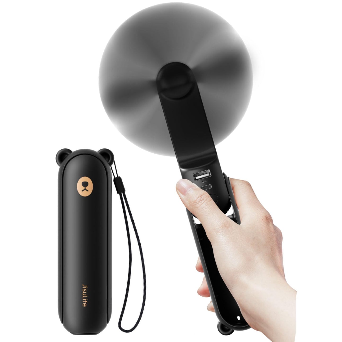 JISULIFE Handheld Fan with 4500 mAh Powerbank Max 37 Hours Runtime, Pocket Portable Battery Operated or USB Powered Folding Personal Fan, 3 Speeds, Gifts for Women Men Kids Gift for Festival(Black)