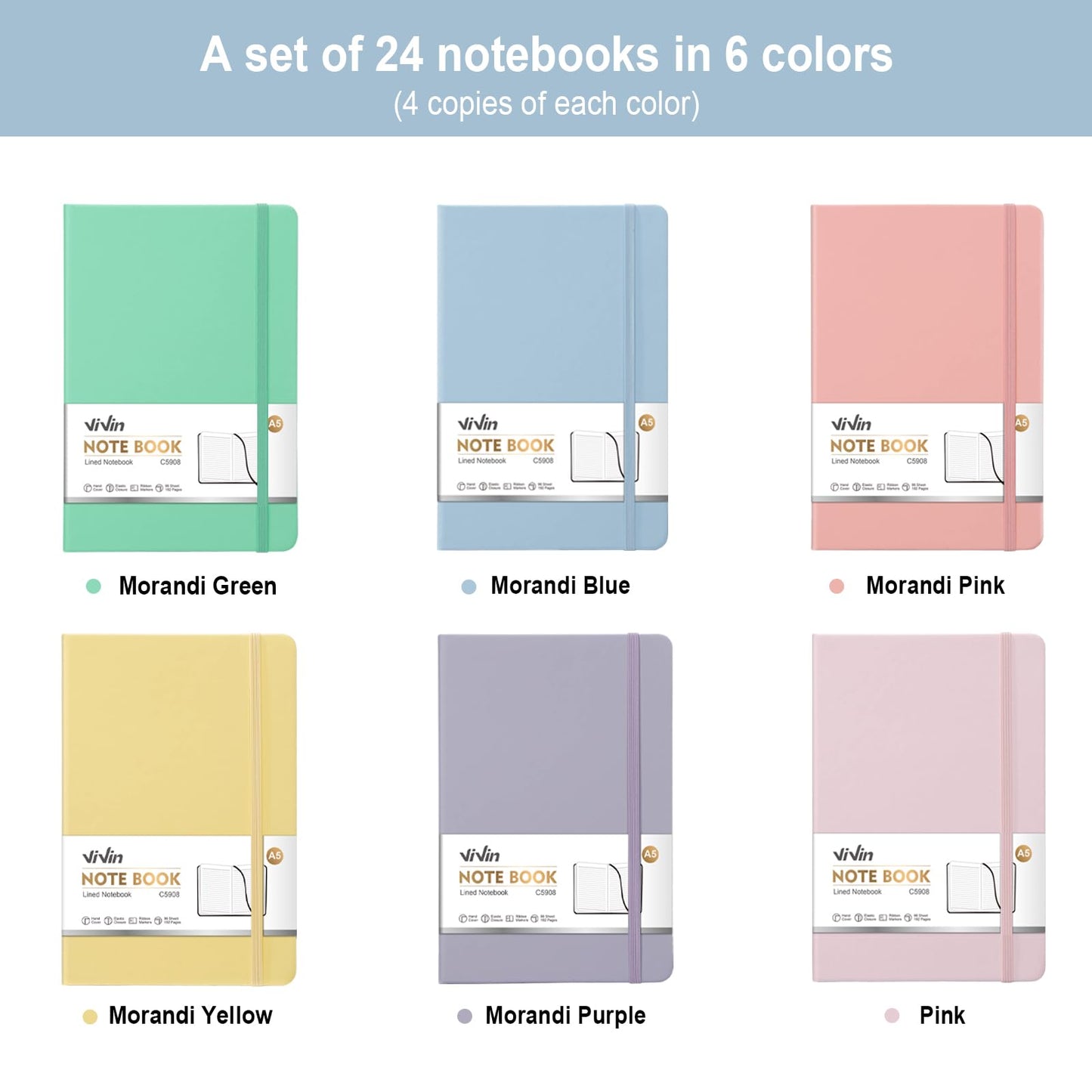ViVin Lined Journal Notebooks for Work,192 Pages,5.5 x 8.3 inch,College Ruled,A5 Hardcover Journaling Notebooks for Writing,24 Pack Bulk