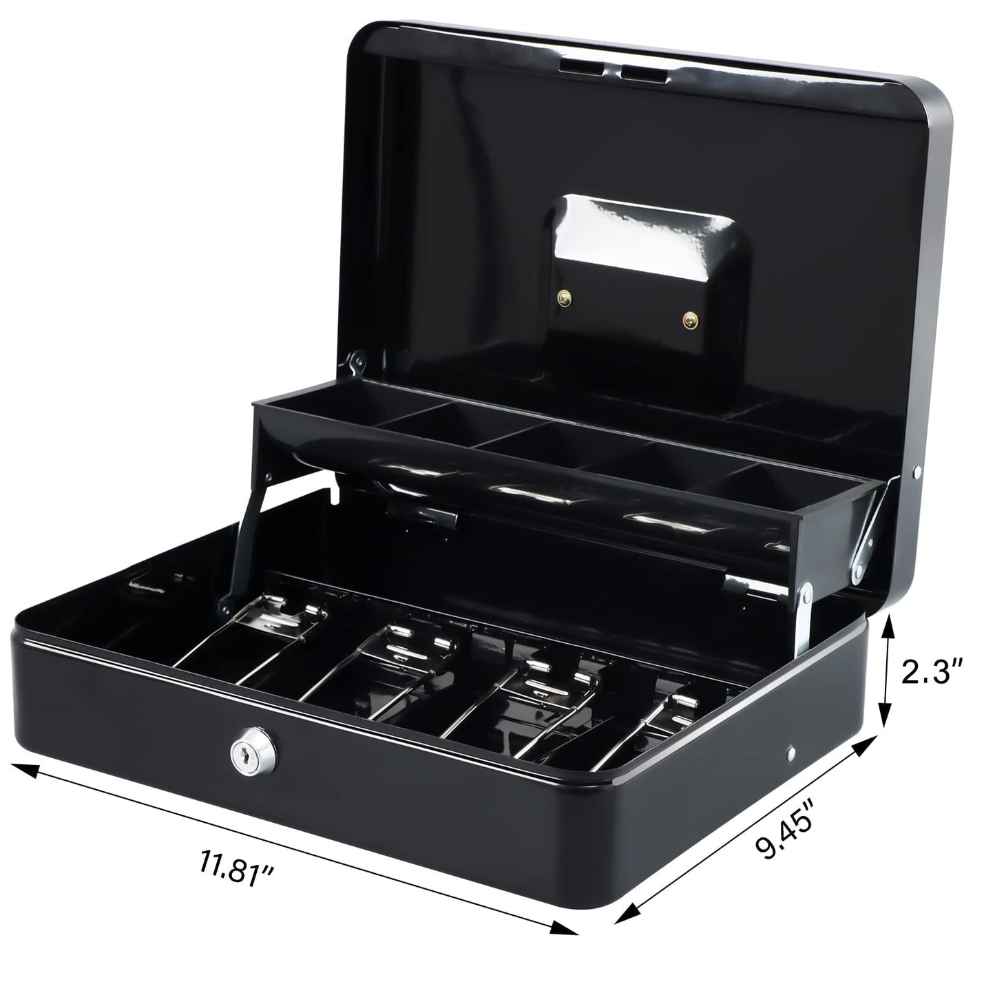 KYODOLED Cash Box with Money Tray, Key Lock Money Safe with Security Cable and Waterproof Bag, 11.81L*9.45W*3.54H inch, Black X Large