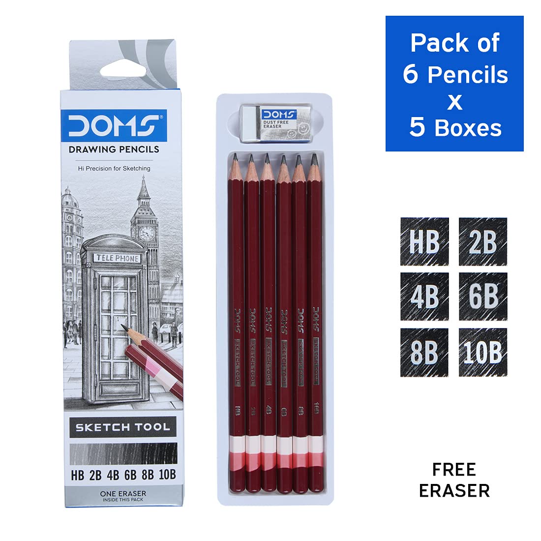DOMS Drawing & Sketching Graphite Pencil Set (Pack of 6 x 5 Set)