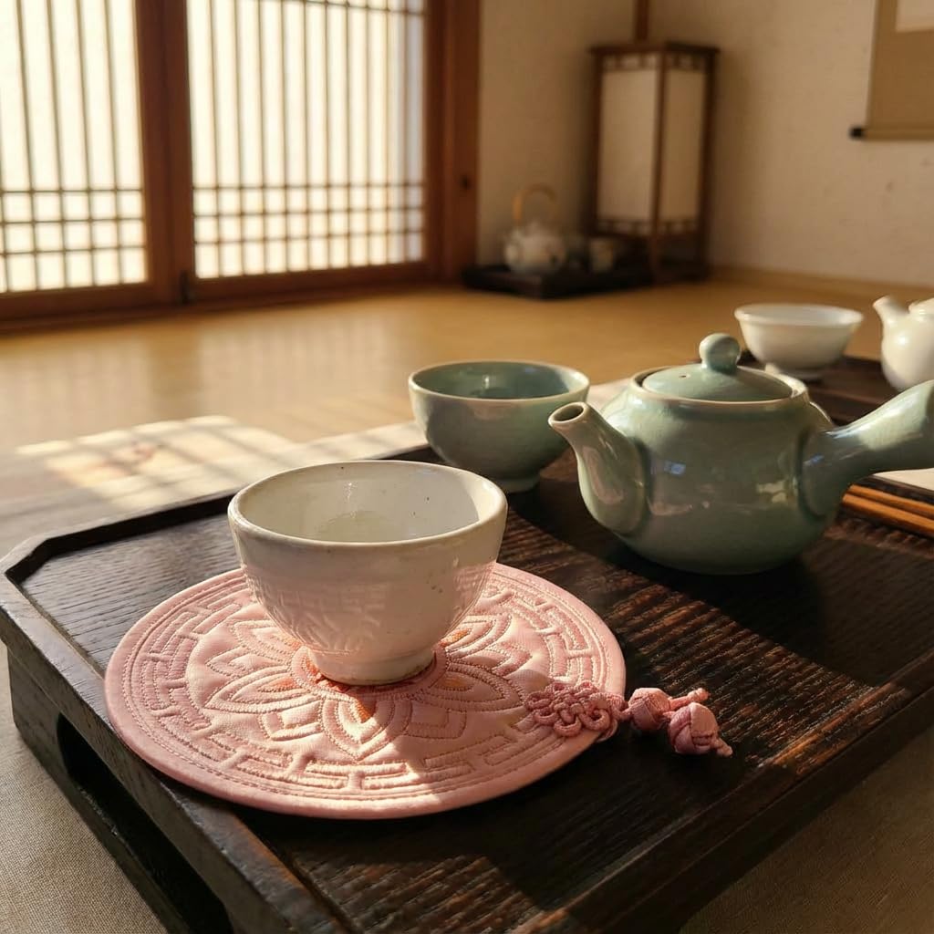 Korean Traditional Lotus Fabric Coasters Set of 5, Korean Fabric Coasters, Washable Fabric Coasters, Absorbent Drink Coasters, Round Tea Coasters for Drinks & Coffee Mug Cushion