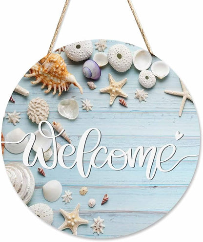 Welcome Porch Wood Sign Seashell Starfish on Blue Wooden Round Hanging Plaque Sign for Porch Yard, Housewarming Present, 12x12inch