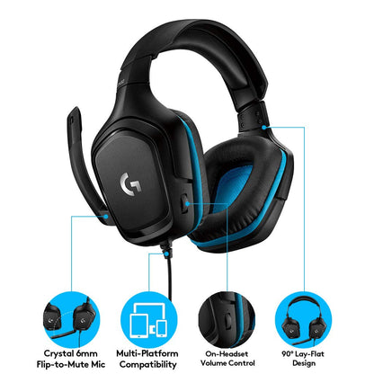 Logitech G432 Wired Gaming Headset, 7.1 Surround Sound, DTS Headphone:X 2.0, Flip-to-Mute Mic, PC (Leatherette) Black/Blue