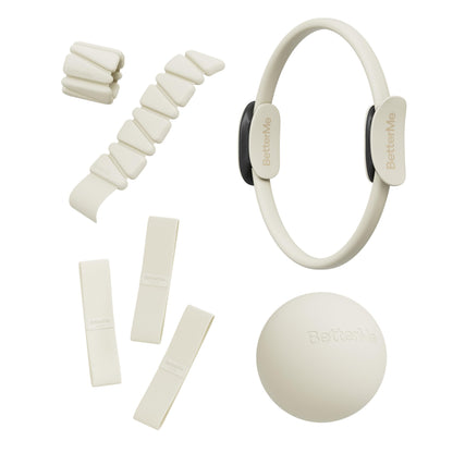 BetterMe Bubble Butt Kit – Pilates Ring, Weight Bands, Soft Ball & Loop Bands – Glute Training Pilates Kit for Women – Home Workout Pilates Equipment Set (Ivory)