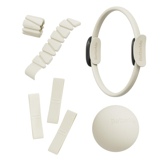 BetterMe Bubble Butt Kit – Pilates Ring, Weight Bands, Soft Ball & Loop Bands – Glute Training Pilates Kit for Women – Home Workout Pilates Equipment Set (Ivory)