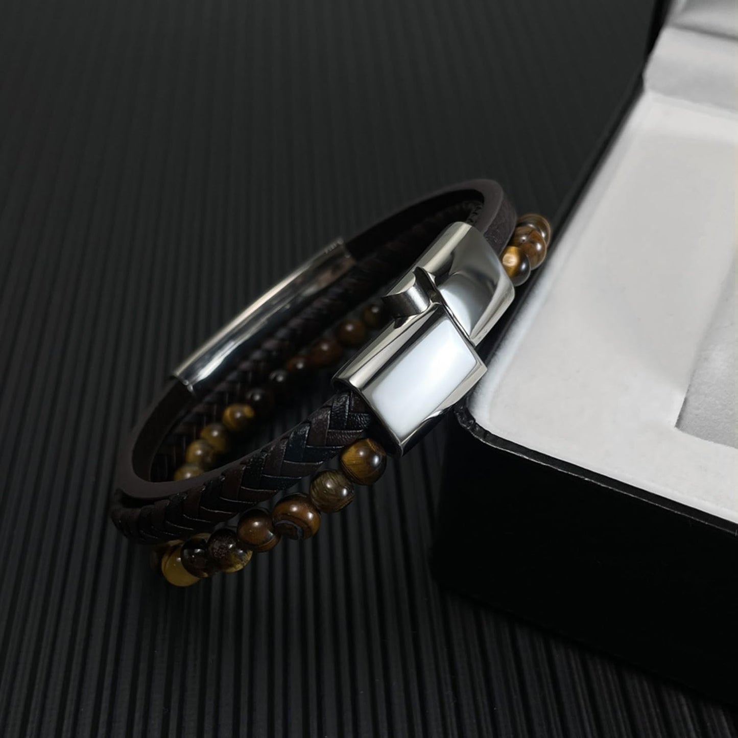 Kim Carrey Italian Handmade Genuine Leather Multi-Layer Cuff Bracelet for Men with Stainless Steel Clip, 8.2" Tiger Eye