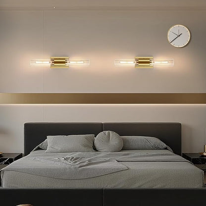 21" Gold Wall Sconces Set of Two, 2-Light Bathroom Sconces Vanity Light Tube Sconce, Clear Glass Indoor Hardwired Mounted Wall Lighting for Living Room,Bedroom,Hallway-Gold Clear (Bulb Not Included)