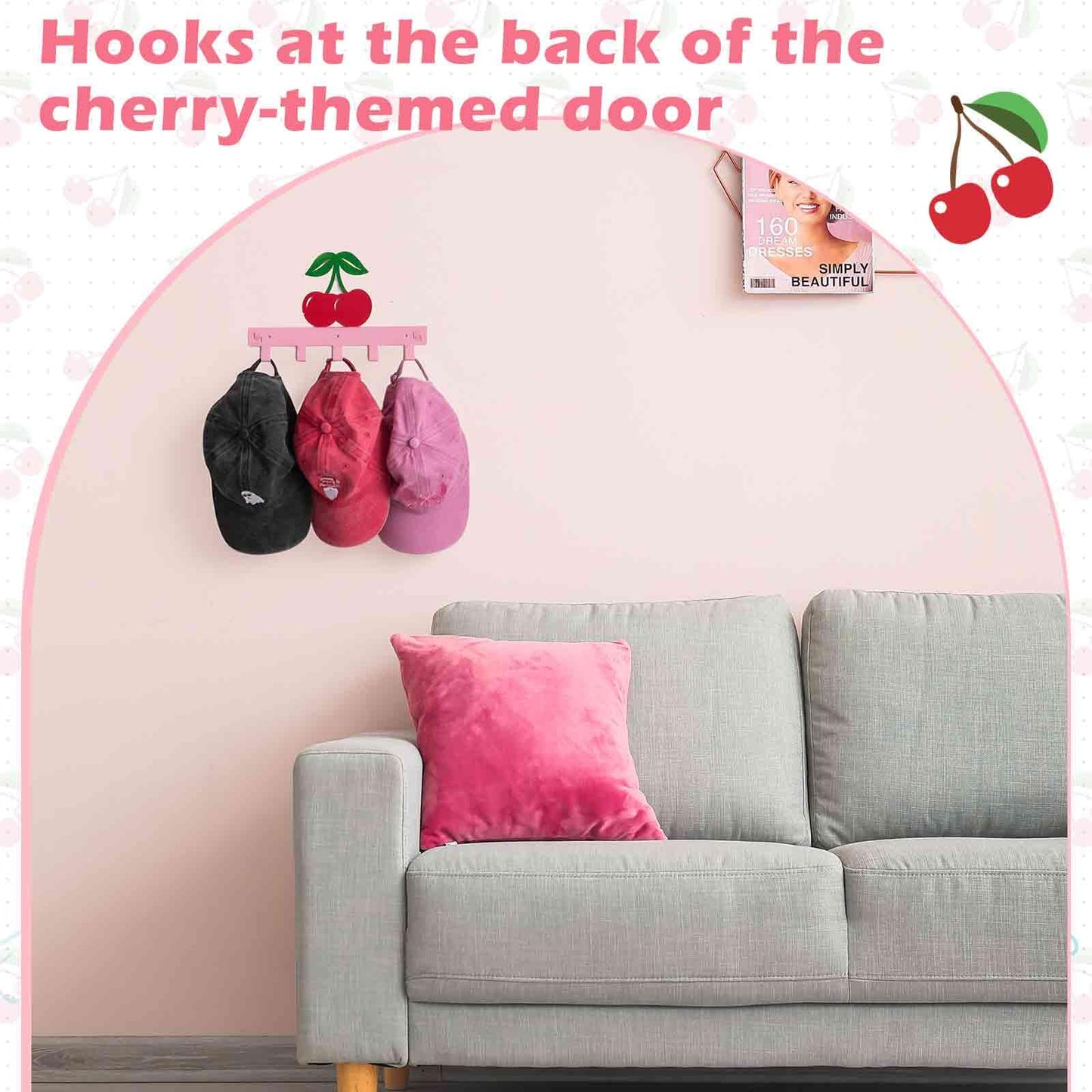 Reallnaive Cherry Over The Door Hooks Pink Cute Bathroom Decor Hanger Wall Mount Rack Holder for Towel, Hat, Coat, Cloth, Keychain, Bag, Home Organizer