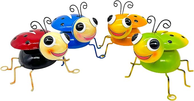 Metal Yard Art Garden Decor for Outside Cute Coloful Ladybugs Lawn Patio Ornaments Backyard Decorations Garden Gifts for Mom - Set of 4
