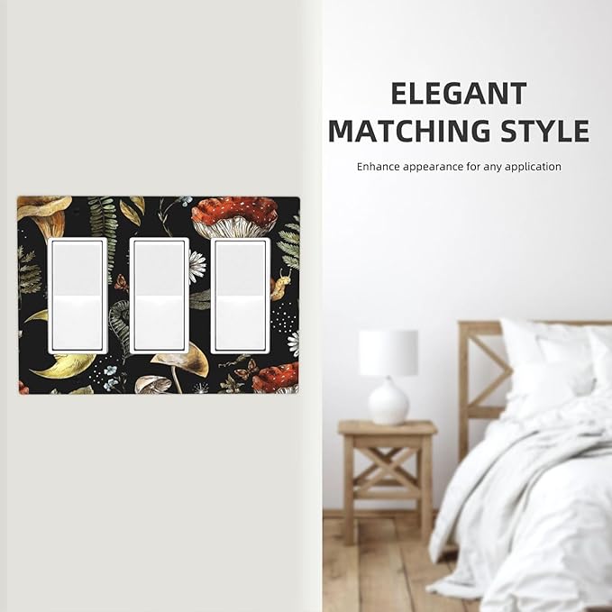Nature Plant Botanical Daisy Mushroom Snails And Moon Triple Rocker/Decora Wall Plate 3 Gang Light Switch Outlet Cover Plate Decorative Switchplate Electrical GFCI Faceplate for Bedroom Decor