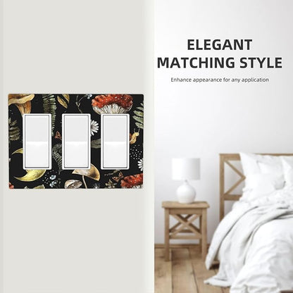 Nature Plant Botanical Daisy Mushroom Snails And Moon Triple Rocker/Decora Wall Plate 3 Gang Light Switch Outlet Cover Plate Decorative Switchplate Electrical GFCI Faceplate for Bedroom Decor