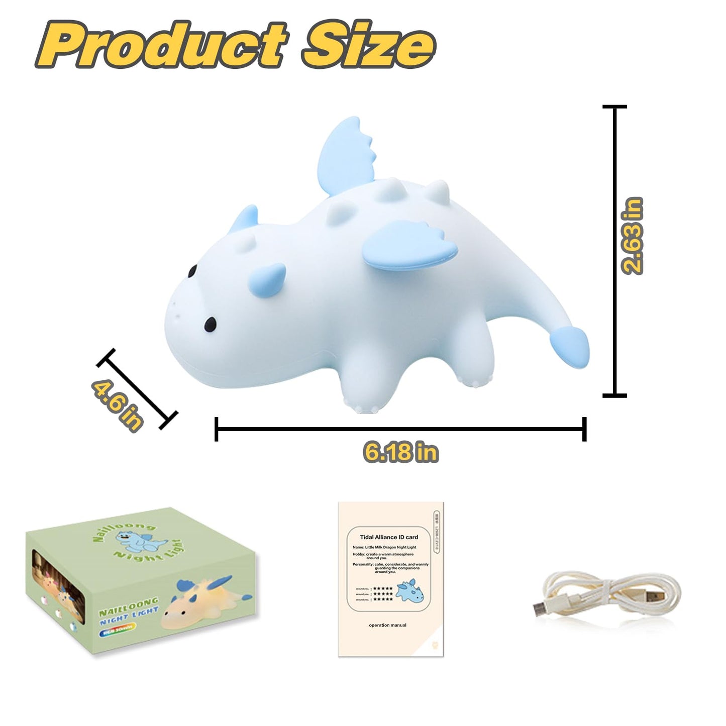 Yesinaly Cute Silicone Night Light for Kids - Touch Control LED Nursery Lamp for Baby Toddler Bedroom, Portable Battery Powered Nightlight for Nursery Nightstand - Dragon Design, Blue