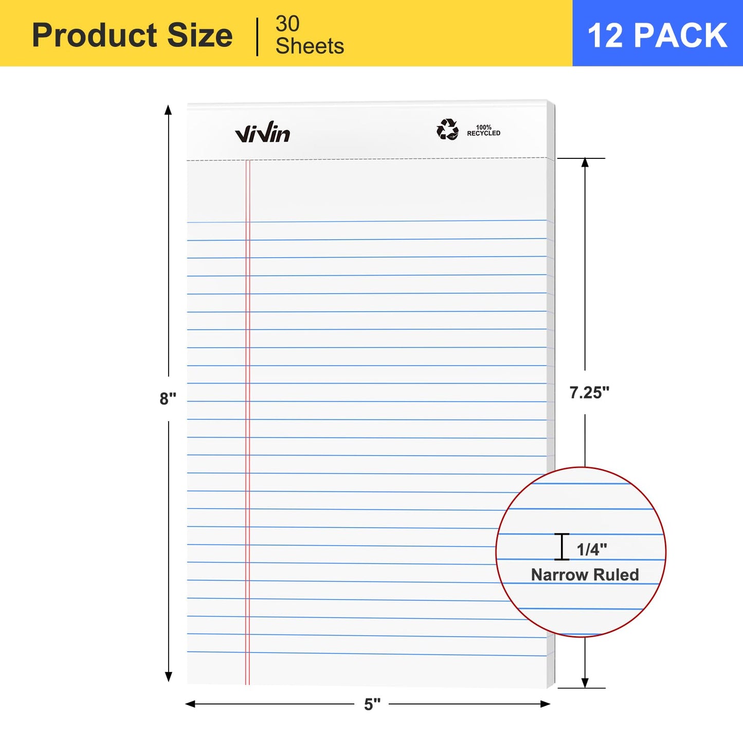 ViVin Legal Pads 5x8, 12 Pack, Narrow Ruled, 30 Sheets Per Note Pads, Perforated Writing Pad, Legal Pads Ideal for Home, Office, Business, White Paper