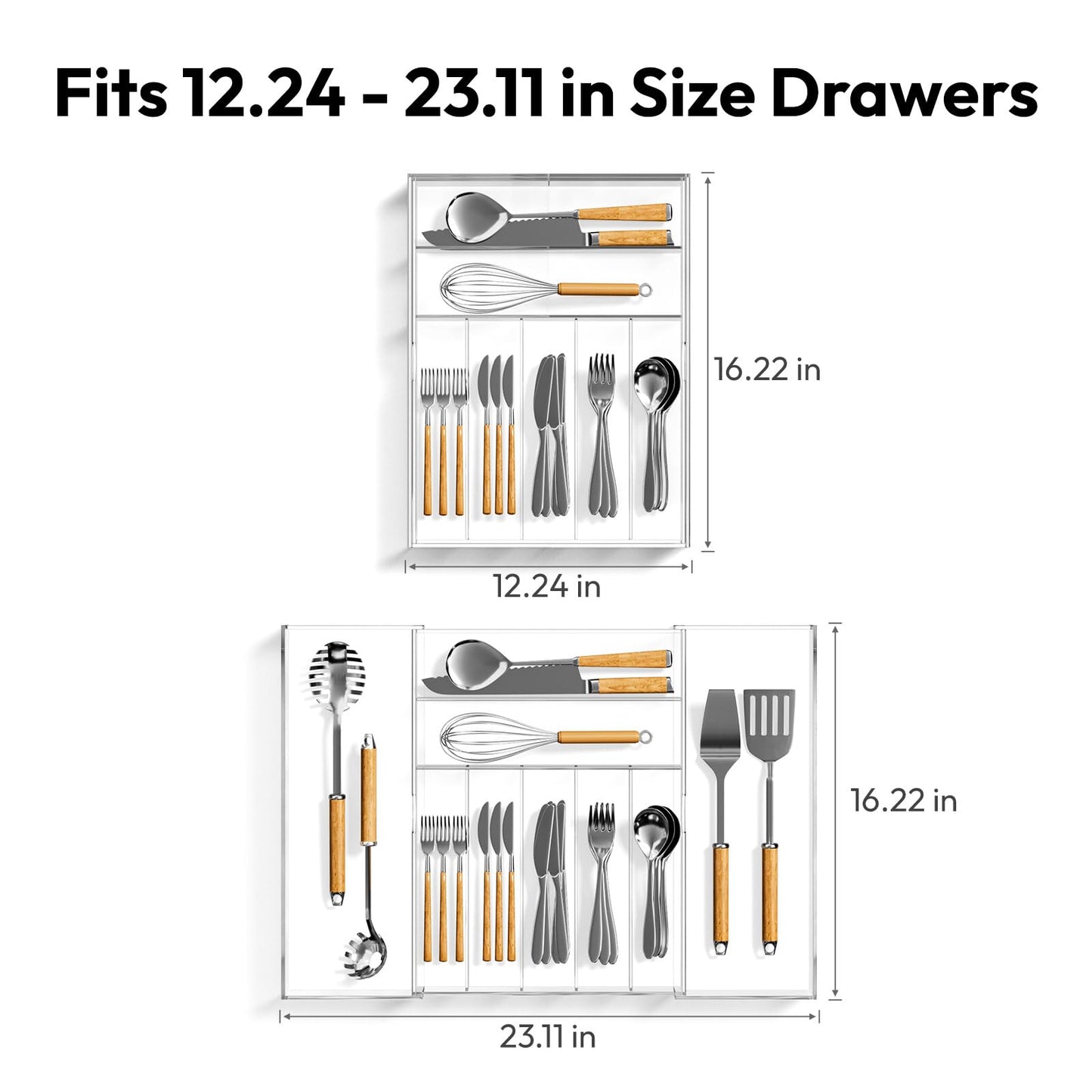 NIUBEE Expandable Kitchen Drawer Organizer for Flatware and Utensils,Clear Acrylic Adjustable Silverware Tray for Drawer,Office,Bathroom Supplies-9 Compartments